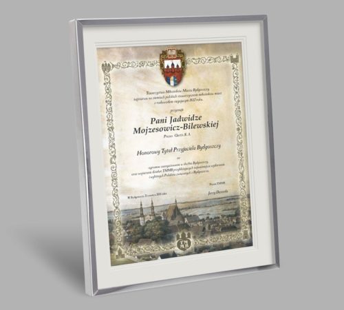 dyplom Honorowy Tytuł Przyjaciela Bydgoszczy