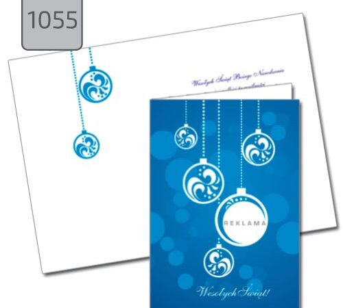 kartki świąteczne z bombkami 1055 niebieskie składane pionowe