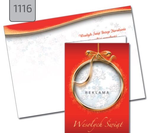 firmowa kartka świąteczna bożonarodzeniowa z bombką pionowa 1116 czerwona