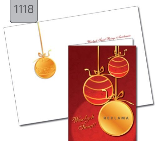 kartki firmowe z życzeniami składane z motywem bombek 118 czerwono złota