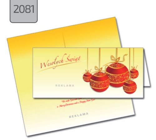 kartka świąteczna składana pozioma żółta czerwone bombki 2081