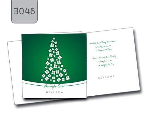 kartka świąteczna z życzeniami i choinką z prezentów zielona kwadratowa 3048