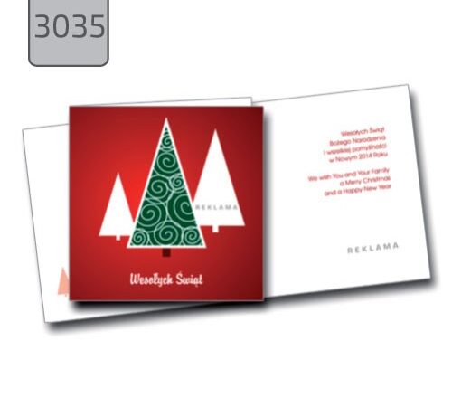 kartka świąteczna firmowa 3035 kwadratowa składana - trzy choinki białe zielona na czerwonym tle