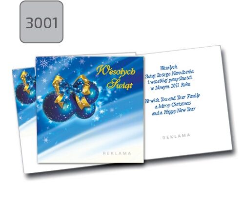kartka świąteczna firmowa składana kwadrat 3001 niebieskie bombki