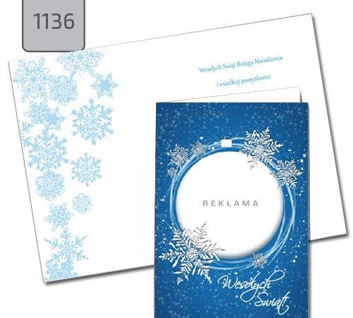 karta świąteczna składana z życzeniami A6 1136 biała bombka niebieskie tło