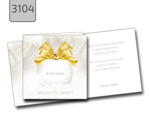 kartka świąteczna biała bombka ze złotą kokardą 3104