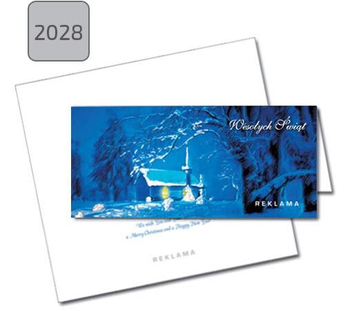 kartka świąteczna dla firm składana pozioma 2028 pejzaż zimowy niebieska